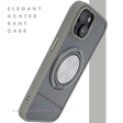 iPhone 15 Hoesje &ndash; Transparant Met Taupe Rand &amp; Zilveren Ringhouder | Elegant &amp; Functioneel
