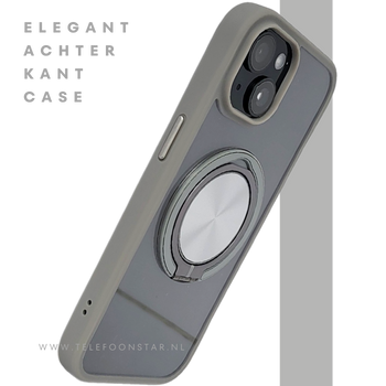 iPhone 15 Hoesje &ndash; Transparant Met Taupe Rand &amp; Zilveren Ringhouder | Elegant &amp; Functioneel