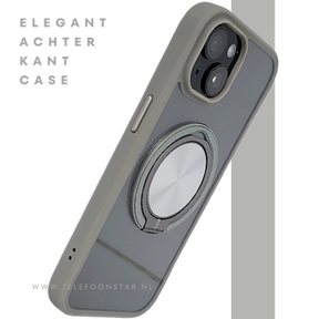 iPhone 15 Hoesje &ndash; Transparant Met Taupe Rand &amp; Zilveren Ringhouder | Elegant &amp; Functioneel