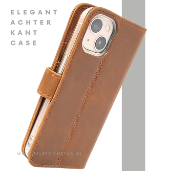 Bruin Bookcase Hoesje iPhone 13 / 14 &ndash; Vintage Leren Look met Bandje | &euro;14,95