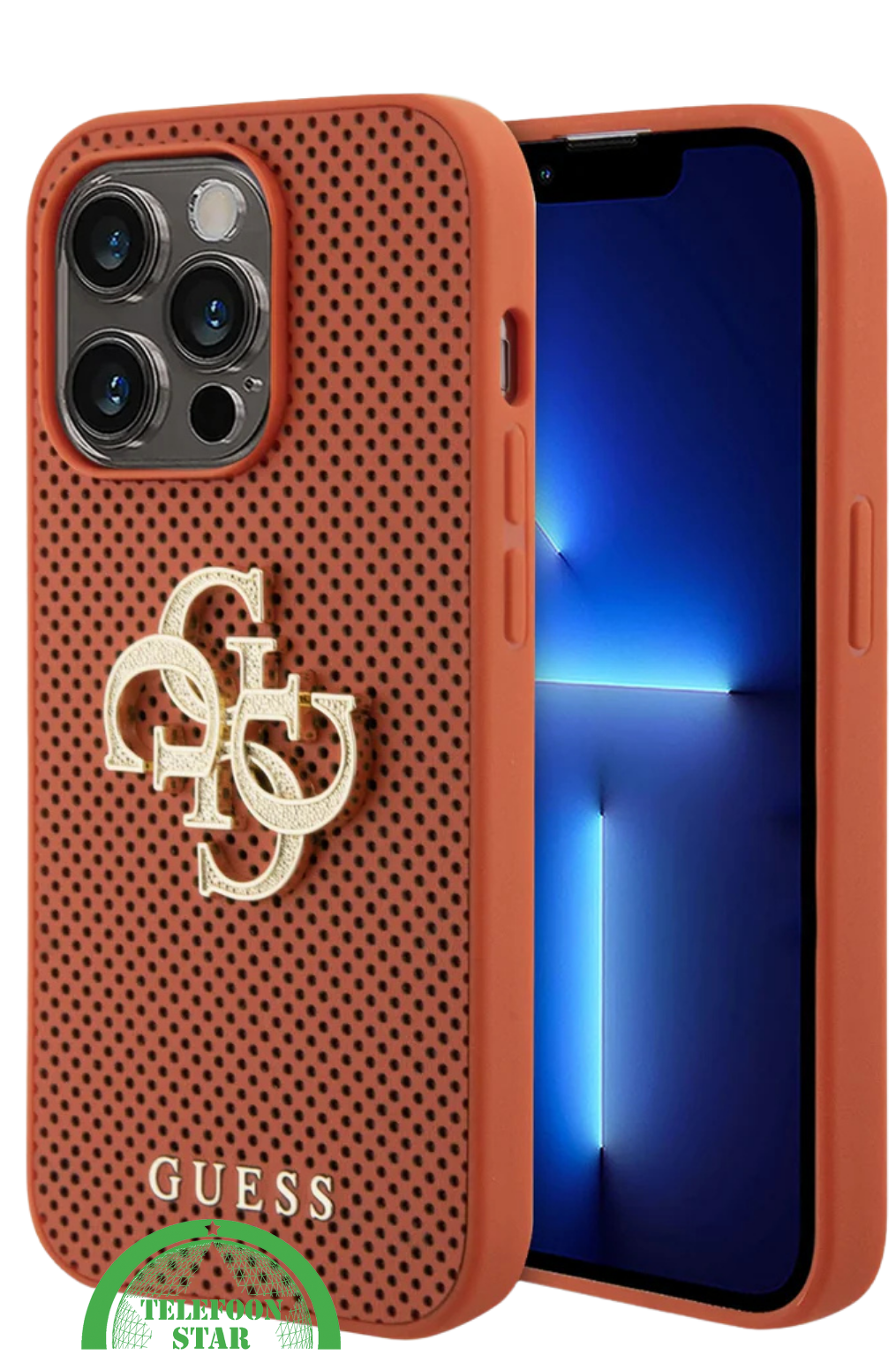 iPhone 15 Pro Siliconen Hoesje – Oranje Design met Gouden Logo en Gripbescherming
