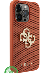 iPhone 15 Pro Siliconen Hoesje &ndash; Oranje Design met Gouden Logo en Gripbescherming