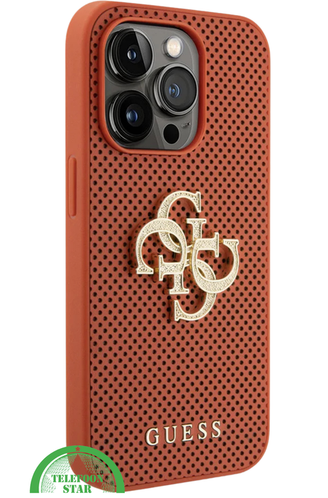 iPhone 15 Pro Siliconen Hoesje &ndash; Oranje Design met Gouden Logo en Gripbescherming