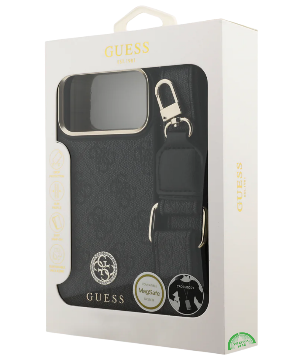 Hoesje voor iPhone 17 Pro Max Zwart Guess afneembare schouder- en polsband