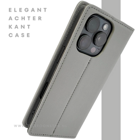 Bookcase Hoesje iPhone 16 Pro Grijs &ndash; Stijlvolle Bescherming met Pasjeshouder