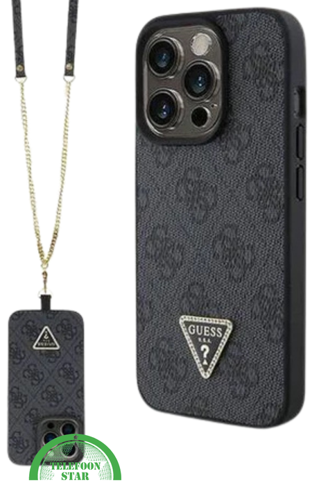 iPhone 15 Pro Hoesje met Gouden Ketting – Zwart Design met Logo en Bescherming