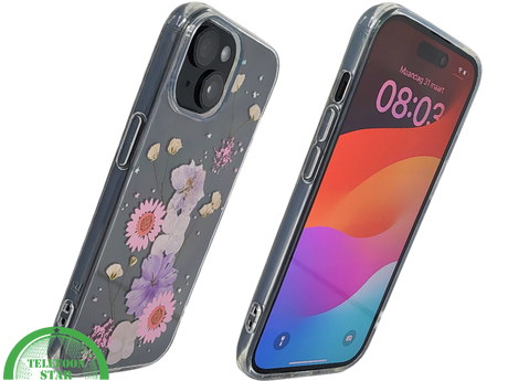 iPhone 15 Plus Transparant Hoesje met Gedroogde Bloemen &ndash; Elegant en Beschermend