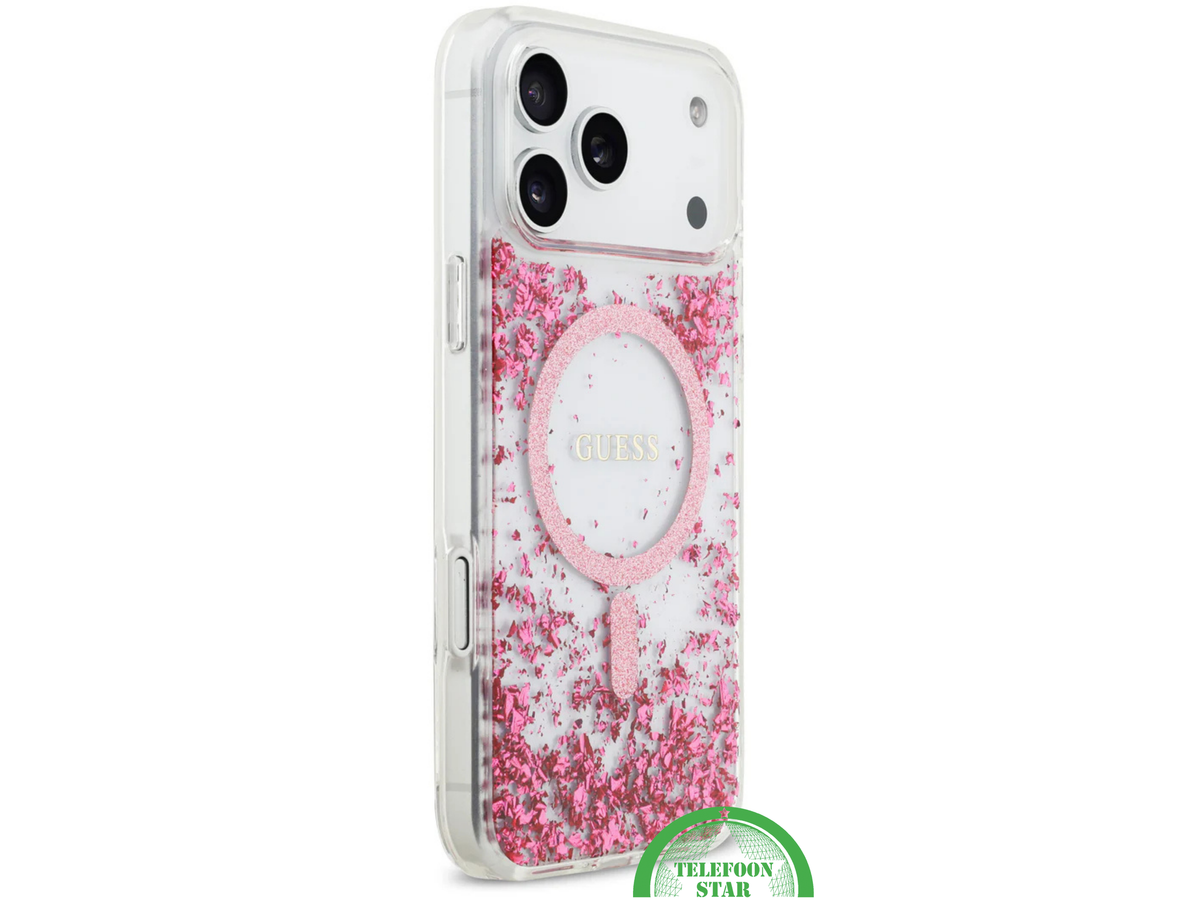 iPhone 17 Pro Guess MagSafe Hoesje &ndash; Roze Glitter Transparante Bescherming