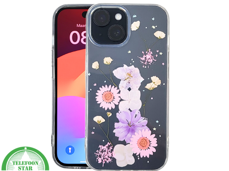 iPhone 15 Plus Transparant Hoesje met Gedroogde Bloemen &ndash; Elegant en Beschermend