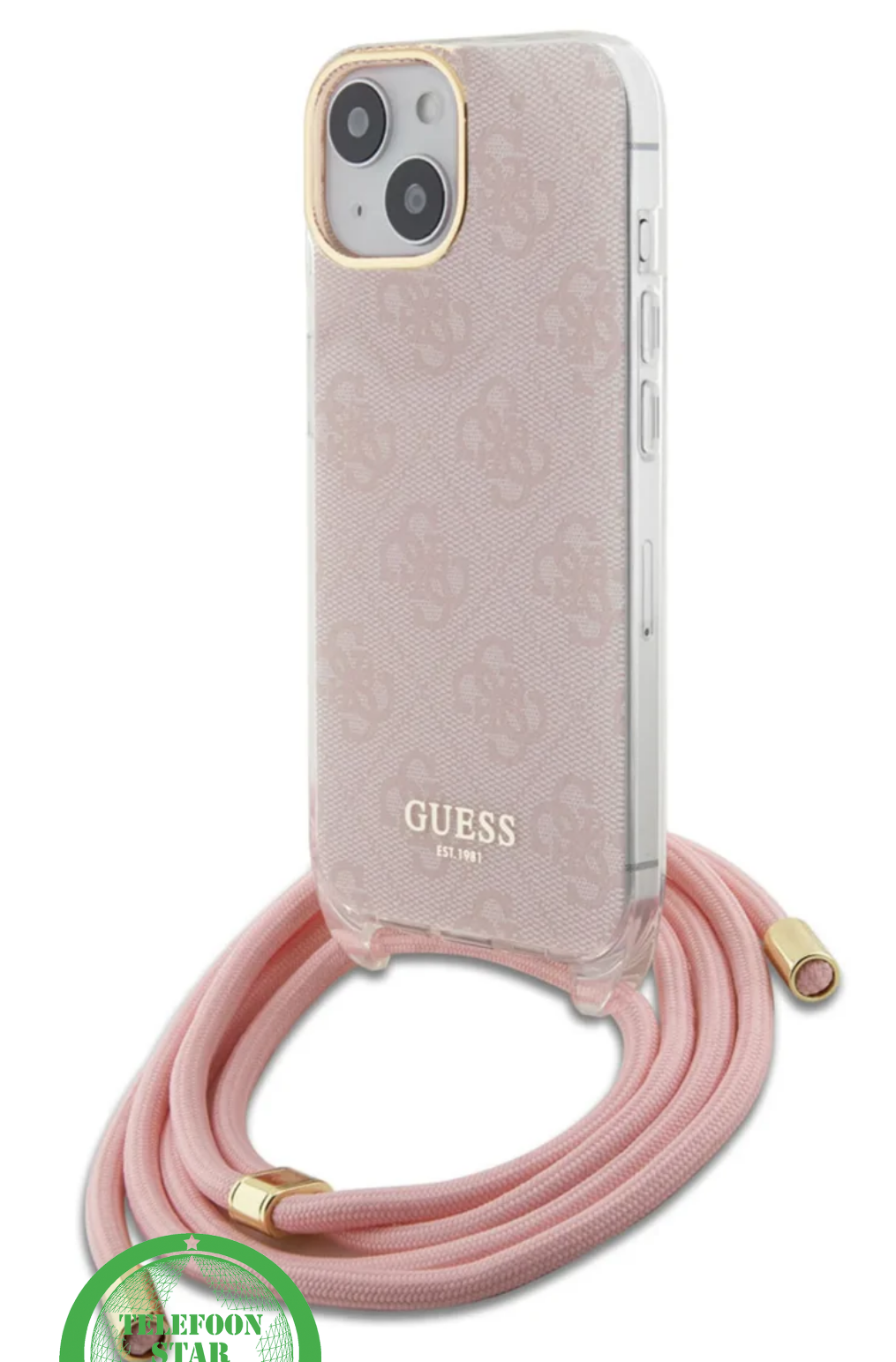 Hoesje voor iPhone 15 - Roze Crossbody Design met Luxe Logo en Koord