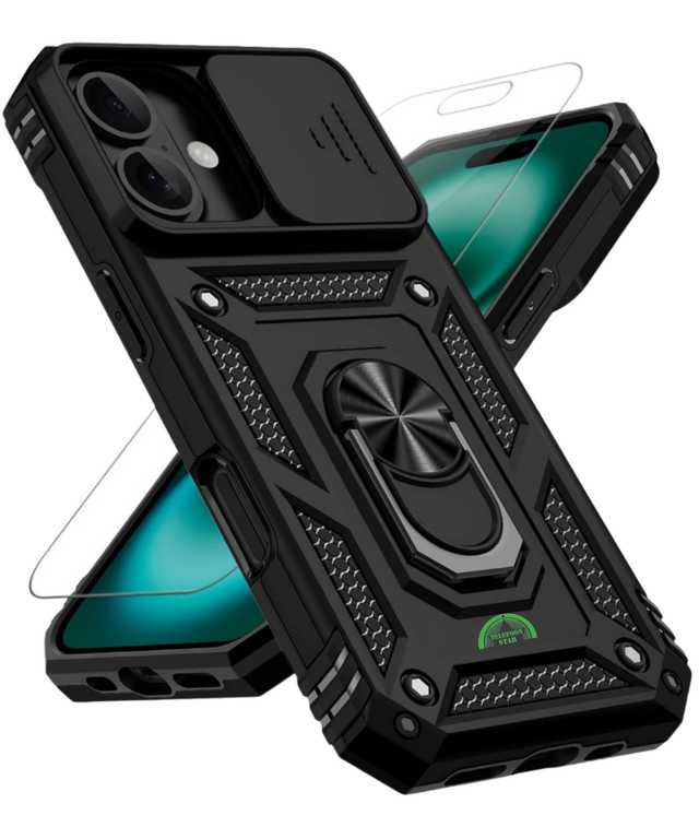 Hoesje voor iPhone 17 Zwart Camera Protection Kickstand Ring Armor