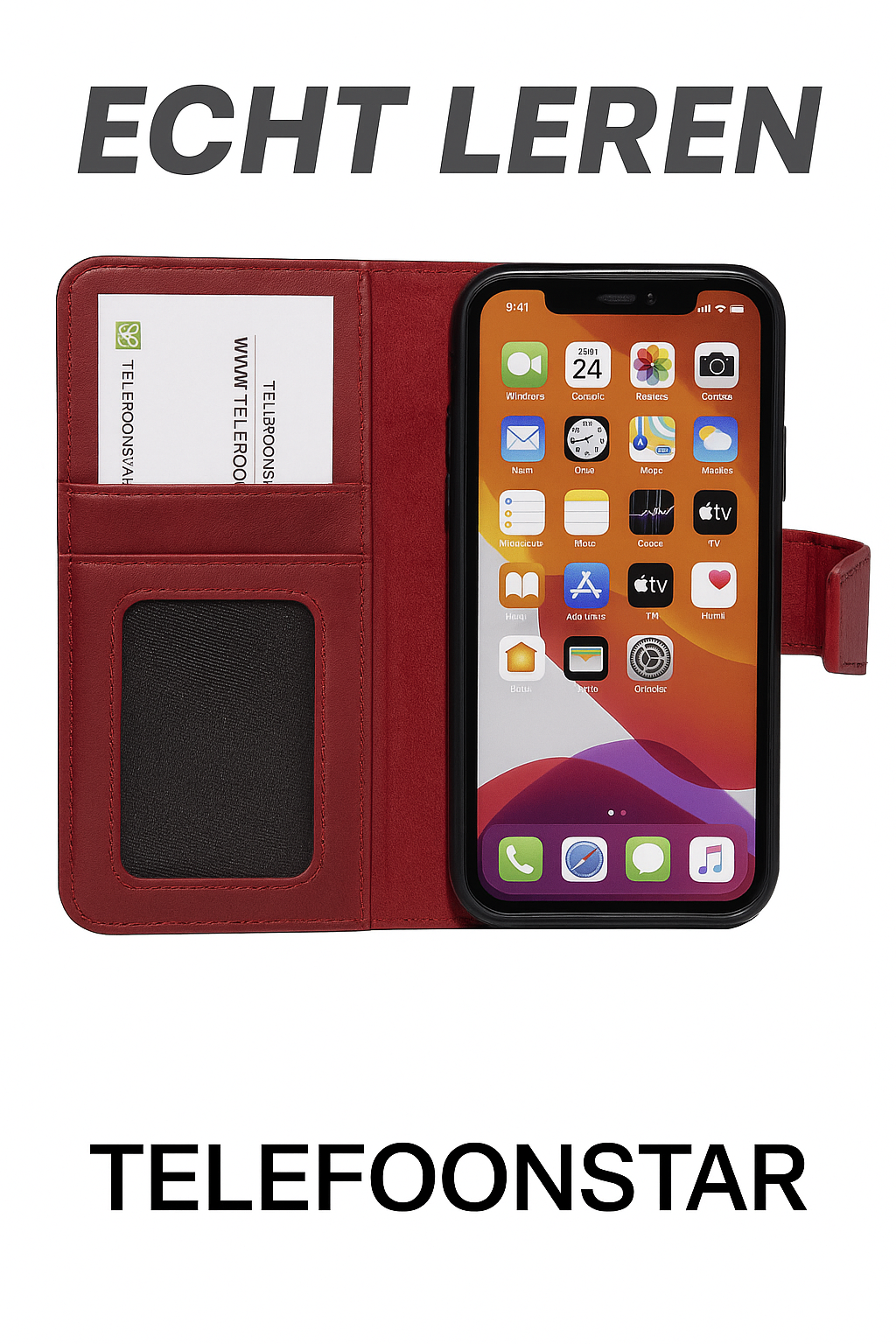 iPhone 15 Pro Max 100% leer hoesje | Ruimte voor drie pasjes | 2 in 1 functie | Rood