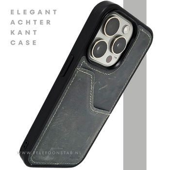 iPhone 15 Pro Hoesje met Kaarthouder &ndash; Vintage Lederlook Grijs | Telefoonstar.nl