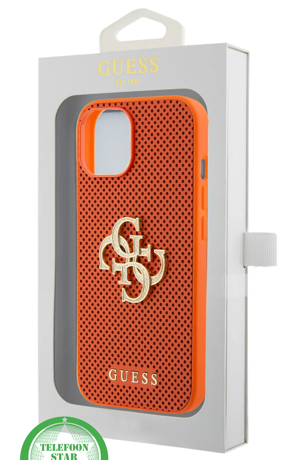 Hoesje voor iPhone 15 &ndash; Oranje Luxe Design met Goudkleurig Logo