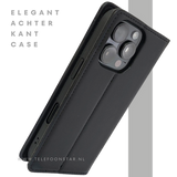 iPhone 16 Pro Bookcase Hoesje Zwart &ndash; Dubbele Naad, Luxe Look &amp; Volledige Bescherming