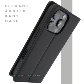 iPhone 16 Pro Bookcase Hoesje Zwart &ndash; Dubbele Naad, Luxe Look &amp; Volledige Bescherming