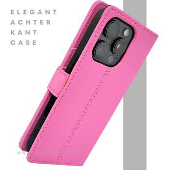 iPhone 16 Pro Bookcase Hoesje Roze &ndash; Stijlvolle Leren Look met Volledige Bescherming