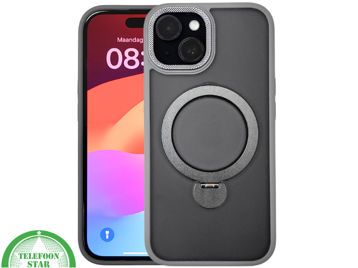 iPhone 15 Plus Hoesje Grijs &ndash; Met MagSafe-Ring &amp; Kickstand voor Extra Functionaliteit