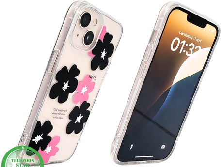 BloomPop Flex Case &ndash; iPhone 13 / 14 Hoesje met Zwarte &amp; Roze Bloemen | Telefoonstar.nl