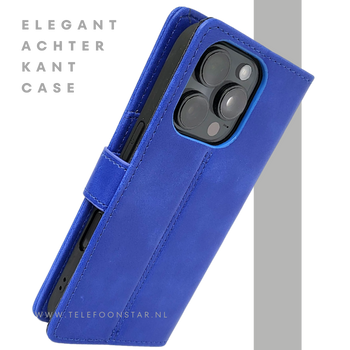 iPhone 16 Pro Bookcase Hoesje Blauw &ndash; Leren Look met Magnetische Sluiting