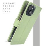 iPhone 15 Hoesje Lichtgroen &ndash; Bookcase met Pasjeshouder
