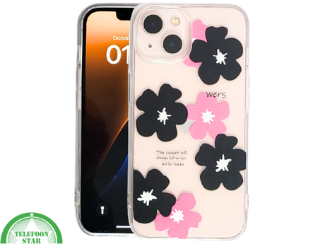 BloomPop Flex Case &ndash; iPhone 13 / 14 Hoesje met Zwarte &amp; Roze Bloemen | Telefoonstar.nl