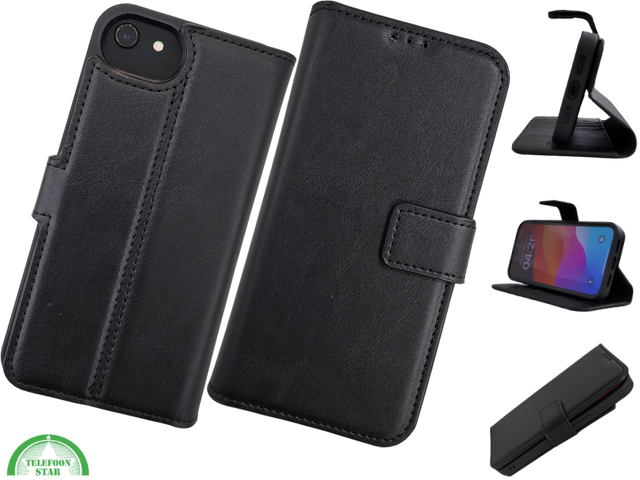 Flip Case Boek Zwart Leren twee en een met 3 Pashouders iPhone 16E