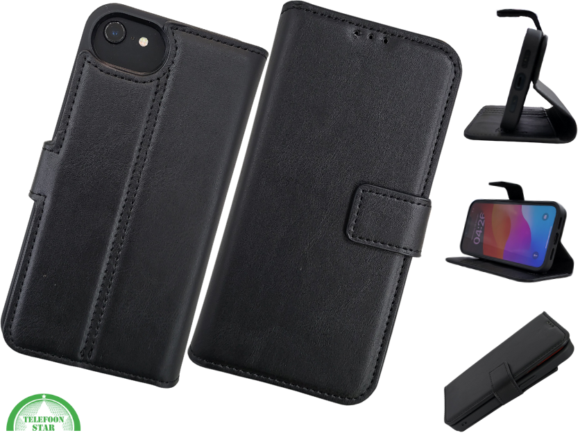 hoesje voor iPhone 17e Flip Case Boek Zwart Leren twee en een met 3 Pashouders