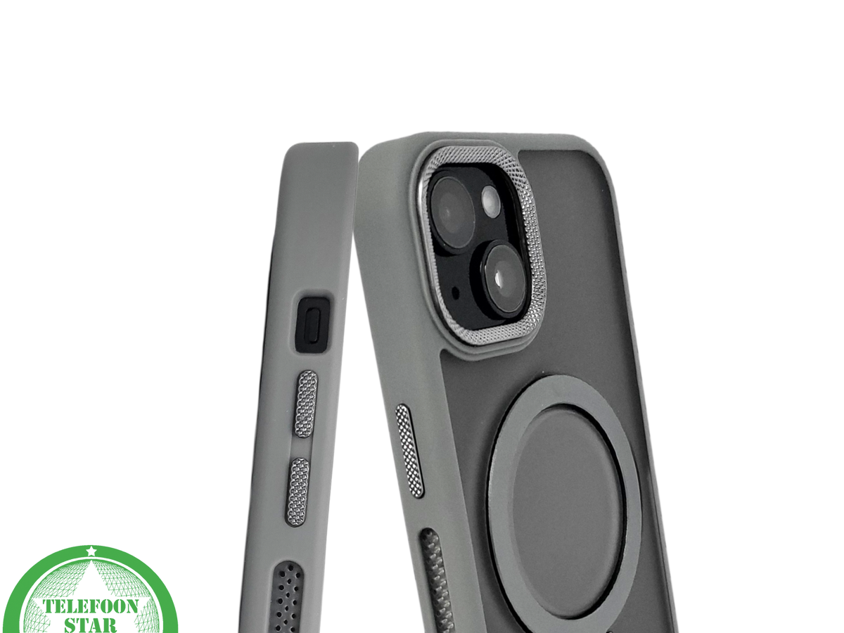 iPhone 15 Hoesje Grijs &ndash; Met MagSafe-Ring &amp; Kickstand voor Extra Functionaliteit