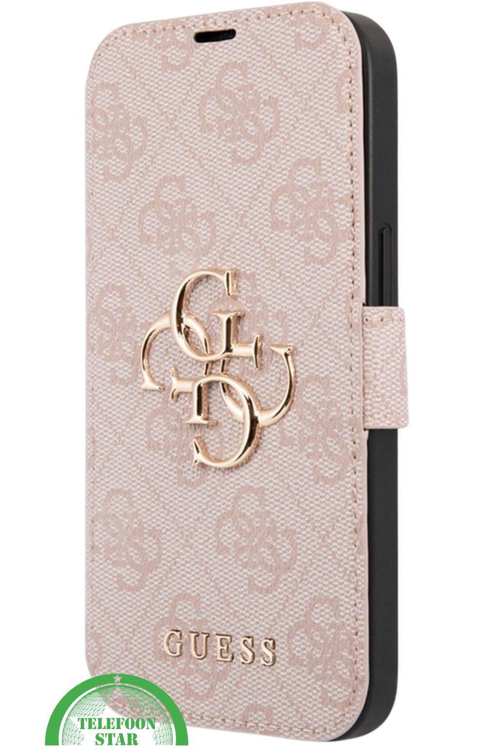 Hoesje voor iPhone 15 Pro Bookcase &ndash; Lichtroze Bescherming met Gouden Detail en Pasjesvak