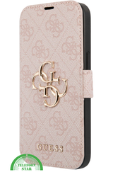 Hoesje voor iPhone 15 Pro Bookcase &ndash; Lichtroze Bescherming met Gouden Detail en Pasjesvak