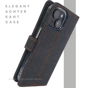 Bookcase Hoesje iPhone 15 Plus Grijs &ndash; Met Pasjeshouder en Oranje Stiksel