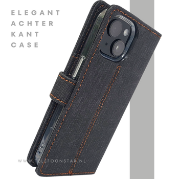 Bookcase Hoesje iPhone 15 Plus Grijs &ndash; Met Pasjeshouder en Oranje Stiksel