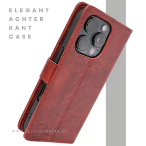 iPhone 16 Pro Bookcase Hoesje Rood &ndash; Vintage Leren Look met Magnetische Sluiting