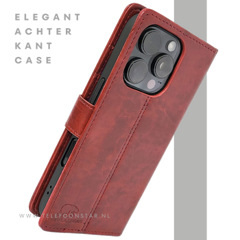 iPhone 16 Pro Max Bookcase Hoesje Rood &ndash; Vintage Leren Look met Magnetische Sluiting