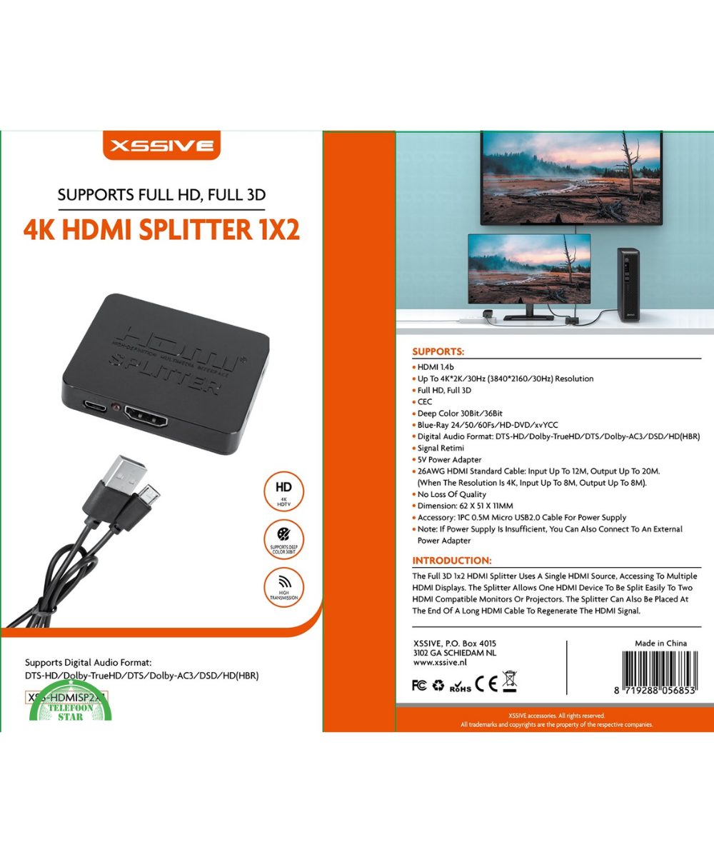 HDMI Splitter 1 in 2 – 4K 30Hz Beeld Verdelen