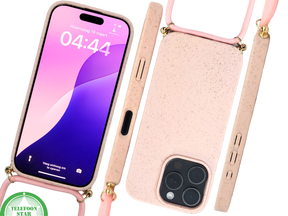 Lichtroze Koord Hoesje &ndash; Duurzaam Siliconen Touwkoord Case Met Draagkoord voor iPhone 16 Pro Max