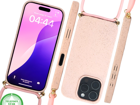 Lichtroze Koord Hoesje &ndash; Duurzaam Siliconen Touwkoord Case Met Draagkoord voor iPhone 16 Pro