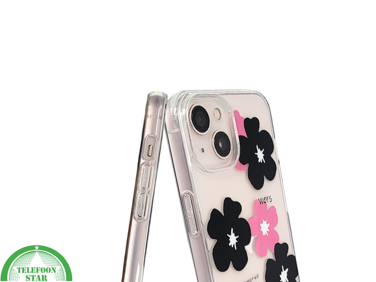 BloomPop Flex Case &ndash; iPhone 13 / 14 Hoesje met Zwarte &amp; Roze Bloemen | Telefoonstar.nl