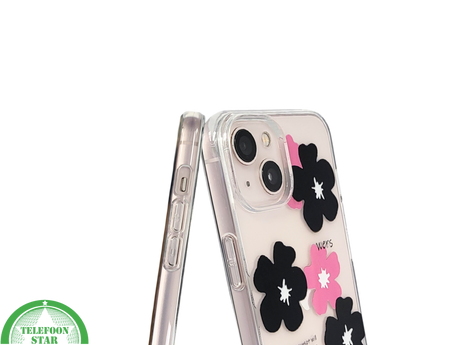 BloomPop Flex Case &ndash; iPhone 13 / 14 Hoesje met Zwarte &amp; Roze Bloemen | Telefoonstar.nl
