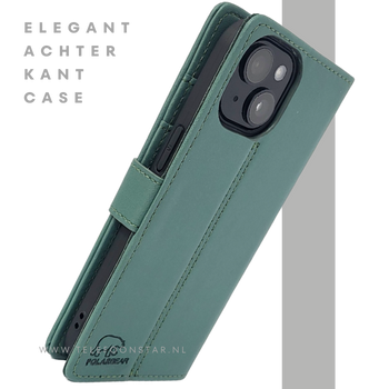 iPhone 15 Bookcase Hoesje Groen &ndash; Leren Case met Pasjeshouder