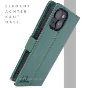 iPhone 15 Bookcase Hoesje Groen &ndash; Leren Case met Pasjeshouder