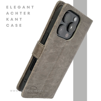 iPhone 16 Pro Bookcase Hoesje Taupe &ndash; Vintage Leren Look met Magnetische Sluiting