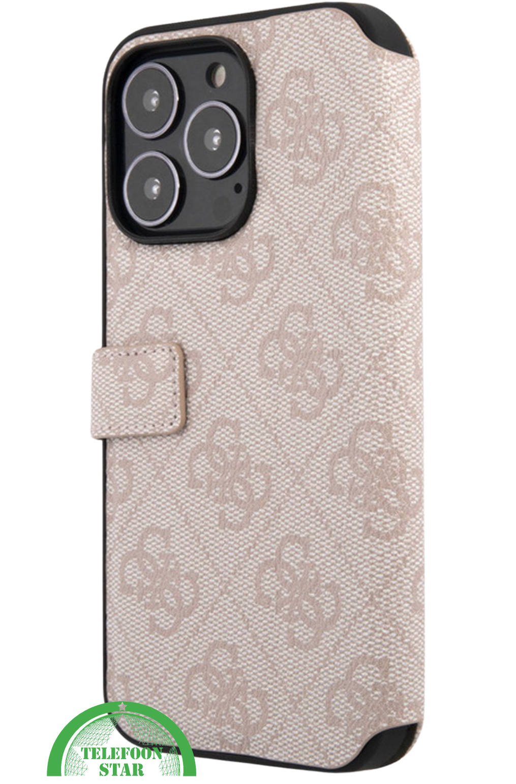 Hoesje voor iPhone 15 Pro Bookcase &ndash; Lichtroze Bescherming met Gouden Detail en Pasjesvak