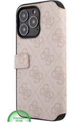 Hoesje voor iPhone 15 Pro Bookcase &ndash; Lichtroze Bescherming met Gouden Detail en Pasjesvak
