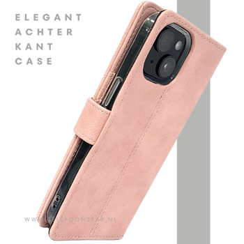 iPhone 15 Plus Hoesje Roze &ndash; Bookcase met Pasjeshouder en Leren Look