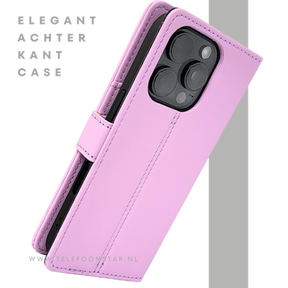 iPhone 16 Pro Bookcase Hoesje Lichtroze &ndash; Elegante Leren Look met Magnetische Sluiting