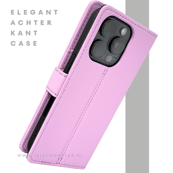 iPhone 16 Pro Bookcase Hoesje Lichtroze &ndash; Elegante Leren Look met Magnetische Sluiting