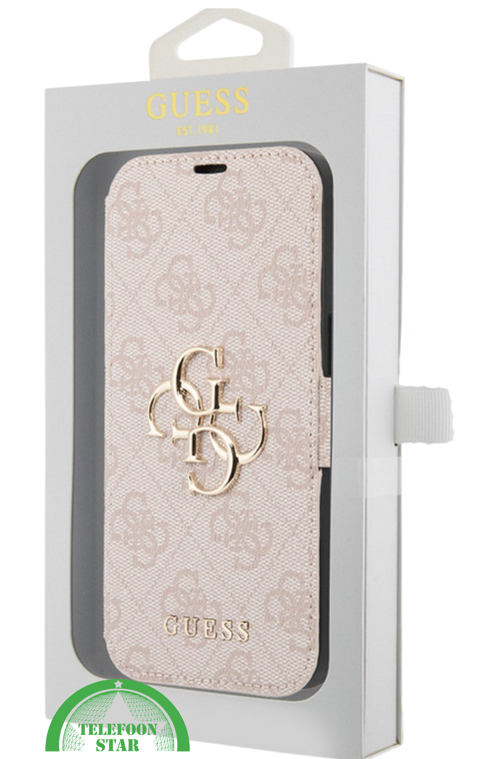 Hoesje voor iPhone 15 Pro Bookcase &ndash; Lichtroze Bescherming met Gouden Detail en Pasjesvak