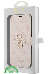 Hoesje voor iPhone 15 Pro Bookcase &ndash; Lichtroze Bescherming met Gouden Detail en Pasjesvak
